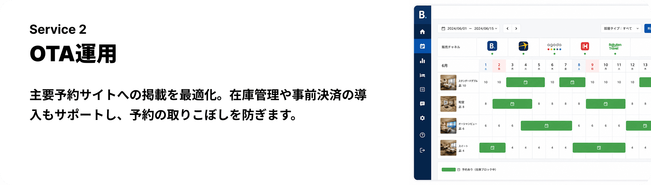 OTA運用 — 主要予約サイトへの掲載を最適化。在庫管理や事前決済の導入もサポートし、予約の取りこぼしを防ぎます。